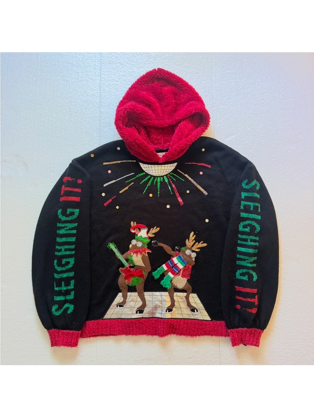 Disco Ball Dancing Reindeer Hooded Ugly Christmas Sweater Women's Medium